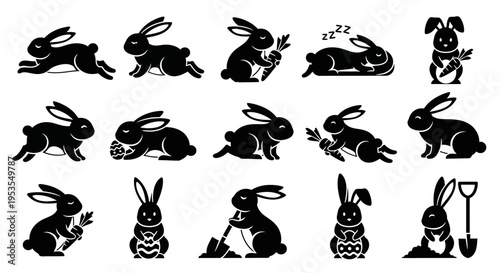 Collection of black silhouette rabbits in various poses, including running, sitting, and holding objects.