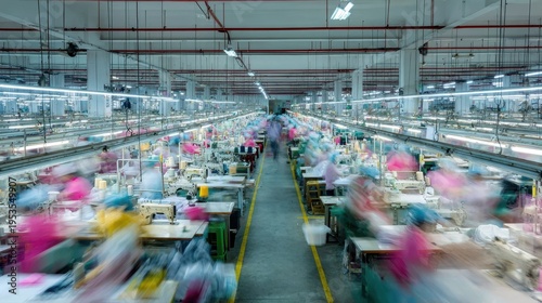 Workers are busy in a large manufacturing facility during the day hours focusing on textile production and assembly tasks