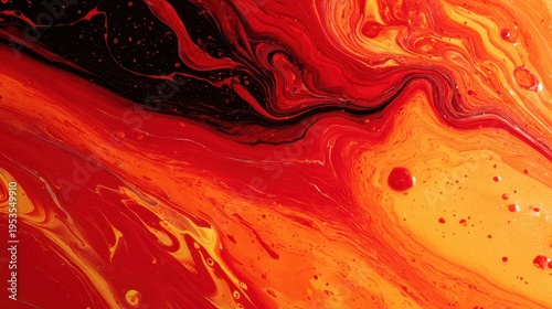Bright colors blend in swirls and patterns on a surface creating an abstract design with red, orange, and black shades