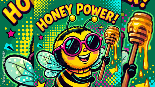 A cartoon bee with pink sunglasses holding honey dippers, with "HONEY POWER!" text on a vibrant green background.
