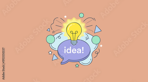 A bright yellow light bulb illuminating above a purple speech bubble with the word 'idea!' surrounded by abstract shapes on a peach background.