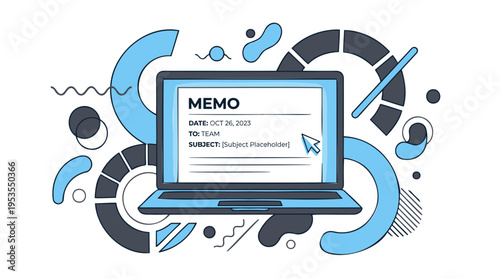 A laptop displaying a digital memo document with abstract geometric shapes in blue and grey surrounding it, representing modern communication.