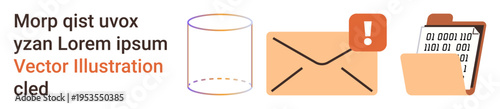Email notifications, data storage, file organization, communication tools, alert systems, digital workspace. Visual elements include an envelope with alert icon, database cylinder, and file folder