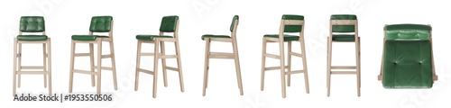 Modern green leather and wood bar stool set isolated on transparent background, 3D render