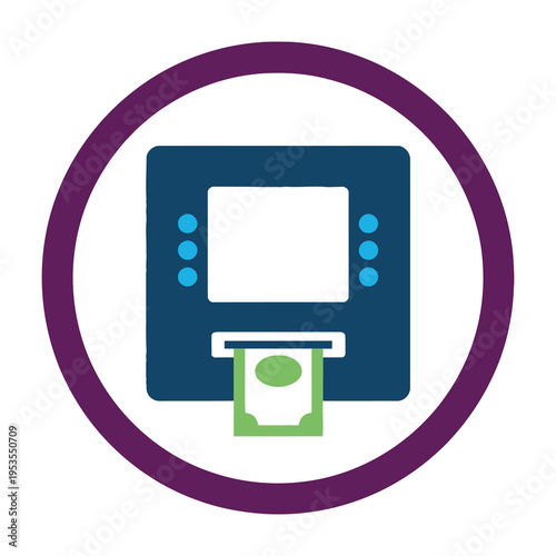 Atm machine dispensing cash in circular frame with minimalistic design