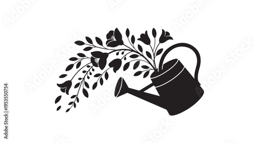Black watering can with growing plants silhouette leaves