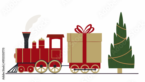 A festive red train carrying a gift travels alongside a christmas tree