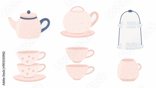 A collection of pastel pink and blue patterned teaware objects