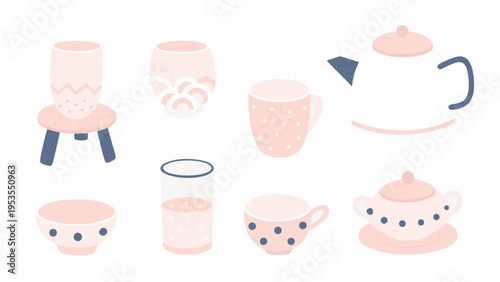 A collection of pastel colored teaware and vessels in a flat style