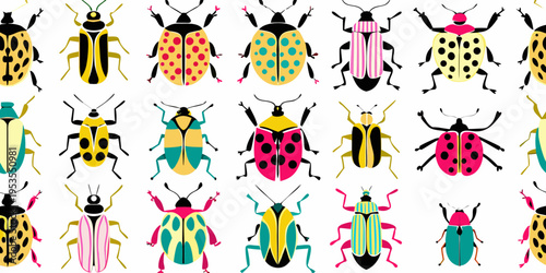 A vibrant collection of stylized insects arranged in a repeating pattern