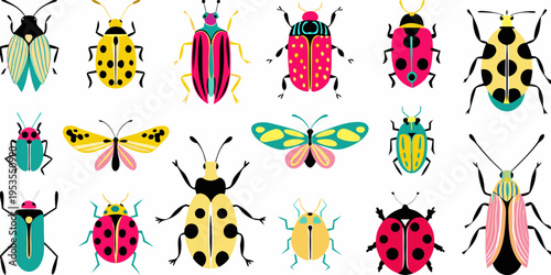 Colorful assortment of illustrated beetles and butterflies on a white background