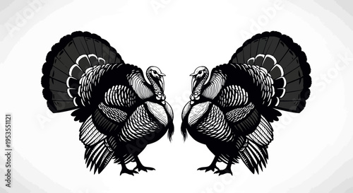 Two turkeys facing each other in a striking black and white illustration.