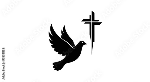 Black silhouette of a dove flying with a Christian cross.