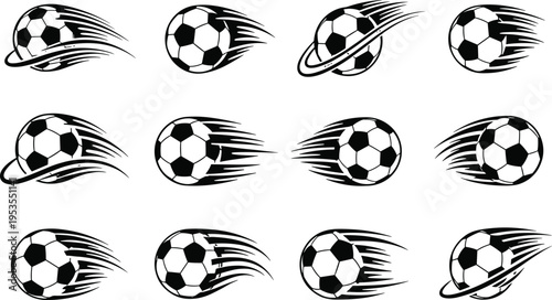 Set of flying soccer balls with motion trails, dynamic football speed icons, modern sports logo collection, fast movement design elements, monochrome vector illustration