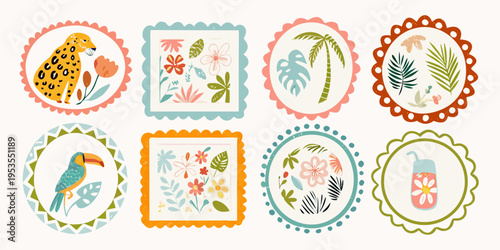 Colorful tropical illustrations in decorative frame shapes including animals and plants