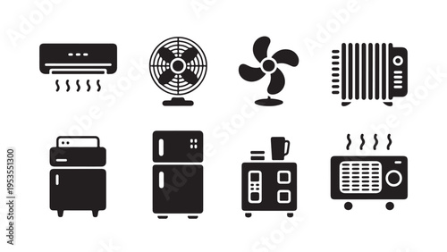 Collection of black and white heating and cooling appliances