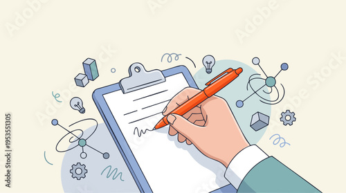 A hand writing on a clipboard surrounded by abstract business and idea-related icons.