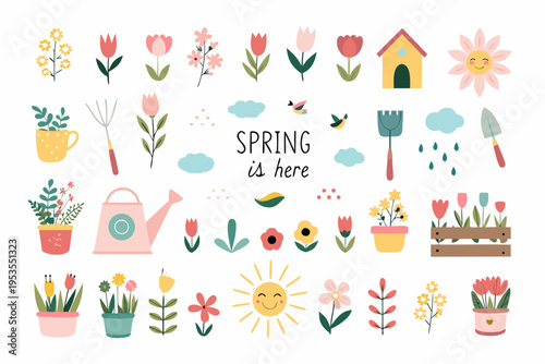 A cheerful spring illustration featuring flowers a birdhouse and gardening tools