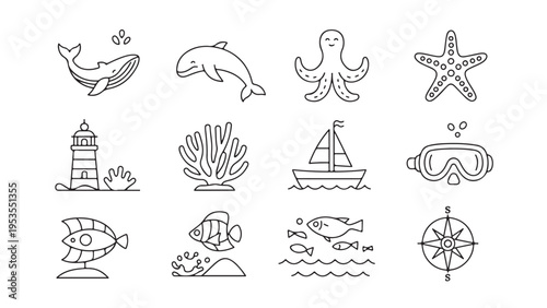 Collection of black and white sea and marine life outlines 1