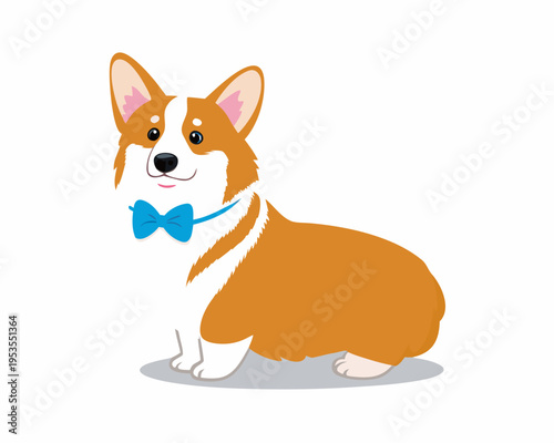 A charming corgi puppy wearing a bright blue bow tie sits calmly