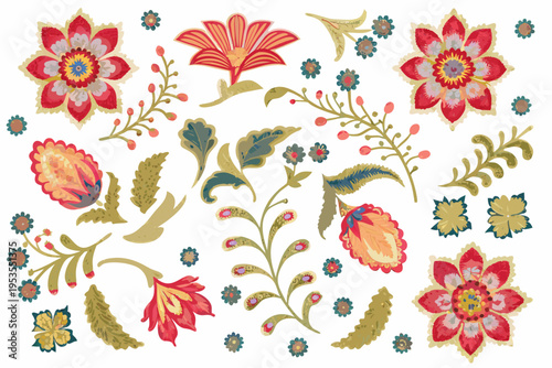 An arrangement of vibrant stylized floral embroidery designs on white