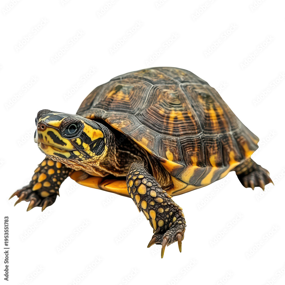 Obraz premium Turtle walking on a flat surface with clear details of its shell and limbs in an indoor setting during midday