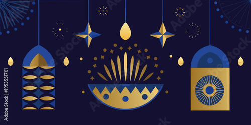 Geometric golden ornaments and starbursts against a dark navy background