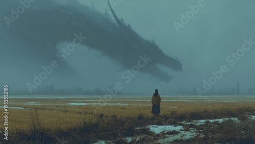 Epic fantasy scene: A lone figure faces a colossal dragon emerging from the heavy mist over a desolate, gloomy landscape, evoking mystery and awe.