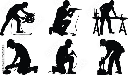 Construction worker silhouettes set, craftsmen using power tools in workshop and job site activities