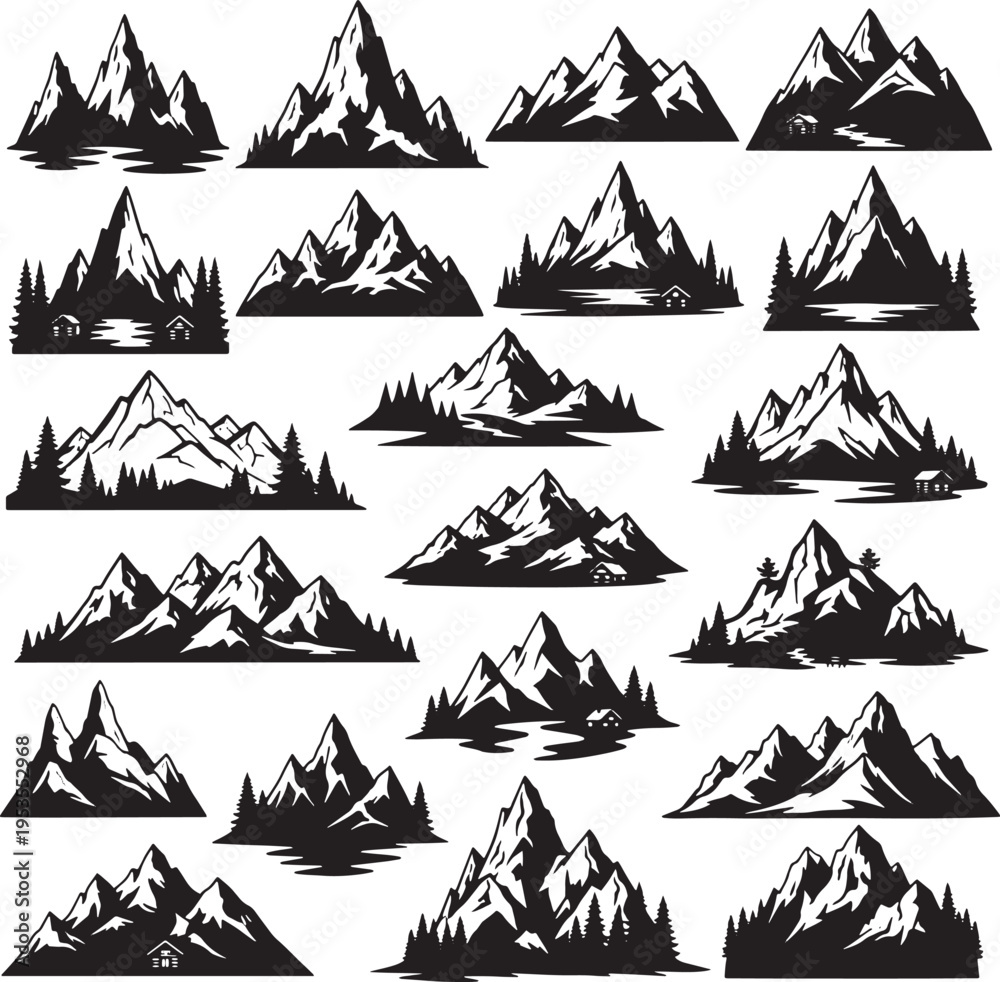 Fototapeta premium collection of various majestic mountain peaks and natural landscapes, showcasing different wilderness scenes perfect for outdoor adventure and hiking designs, ideal for graphic elements and logos