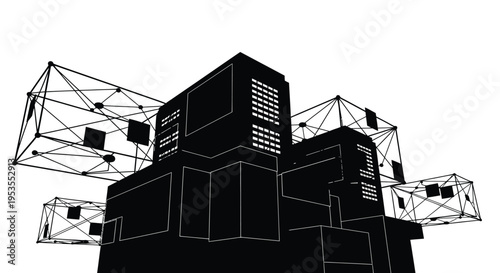 Futuristic architectural vector illustration representing a metropolitan cityscape integrated with technological data grids.