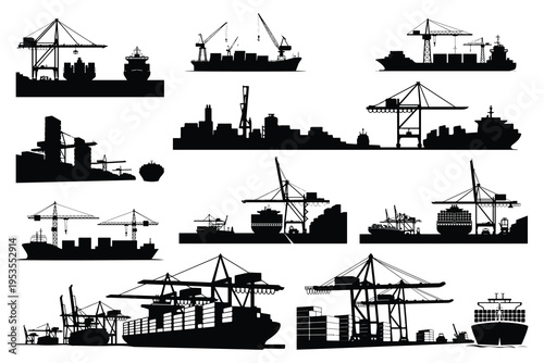 Black silhouettes of cargo ships and cranes port