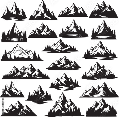 collection of various majestic mountain peaks and natural landscapes, showcasing different wilderness scenes perfect for outdoor adventure and hiking designs, ideal for graphic elements and logos