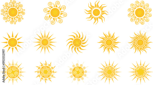 Sun icons collection flat vector illustration, decorative solar symbols set, summer sunshine shapes, weather design elements, bright energy sign pack