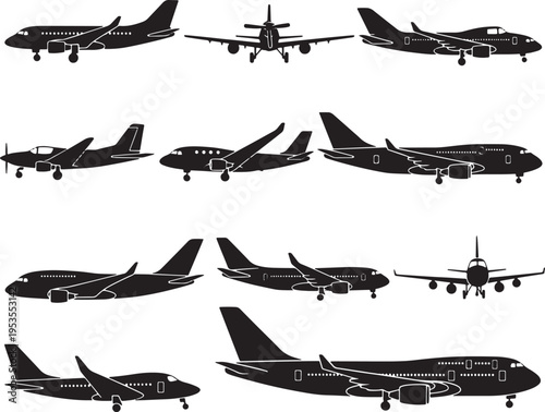 Collection of diverse airplane silhouettes, including passenger jets, private planes, and small aircraft, showcasing aerial transportation