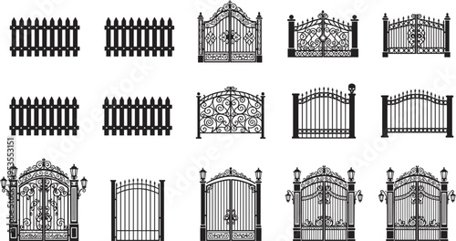 Ornamental gates and fences flat vector illustration, decorative wrought iron barrier icons set, luxury entrance design, vintage garden architecture collection