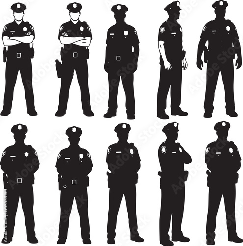 Collection of striking black and white silhouettes depicting diverse police officers in various professional stances, representing law enforcement authority and public service