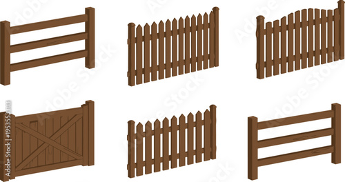 Wooden fence and gate flat vector illustration, rustic farm barrier set, brown timber picket panels, countryside enclosure design elements collection