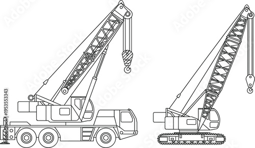 Mobile crane and crawler crane illustrations, construction lifting machinery for industrial engineering design vector