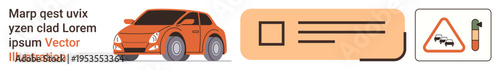 Transportation, safety, road regulations, vehicle ID, fuel management, travel visuals. Orange car, ID card fuel gauge and steep road warning sign. Transportation and safety elements illustrated