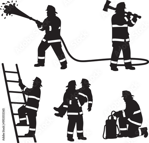 Essential firefighter action silhouettes depicting rescue, hose work, and ladder climbing, perfect for emergency service illustrations and safety awareness