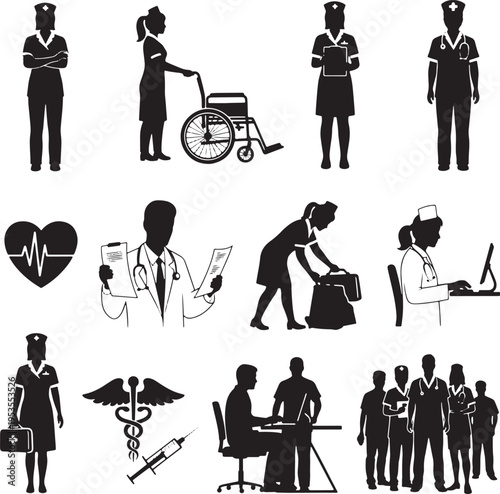 Healthcare professionals and medical equipment illustrations, symbolizing patient care, diagnosis, and treatment in the medical field