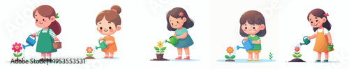 vector of a little girl watering small flowers in a pot