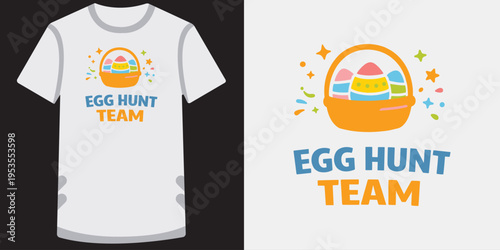 Cute and colorful egg hunt team tshirt design with basket of decorated eggs for events and activities