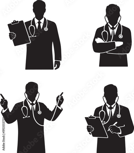 Silhouette illustrations of doctors in various poses, holding medical equipment and interacting with patients, symbolizing healthcare professionals and medical care