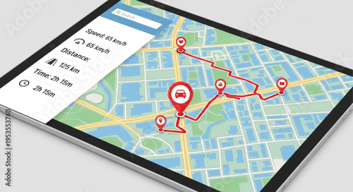 Tablet Displaying a Route on a Map with Vehicle Icon.