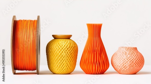 Colorful 3D printed vases and spool of orange filament on white background