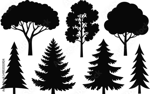 Forest tree silhouettes set, pine and deciduous trees collection for nature landscape design vector