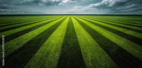 Vast Green Field with Striking Stripes Under a Dramatic Sky.