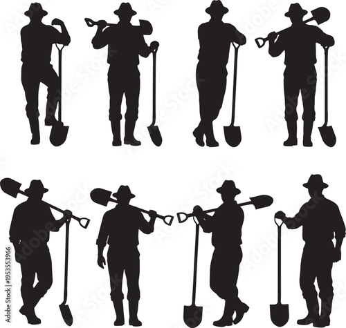 Silhouettes of farmers with shovels and wheelbarrows in various poses, representing agricultural work and rural life